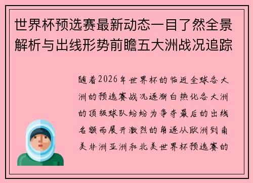 世界杯预选赛最新动态一目了然全景解析与出线形势前瞻五大洲战况追踪 世界杯预选赛最新动态一目了然全景解析与出线形势前瞻五大洲战况追踪