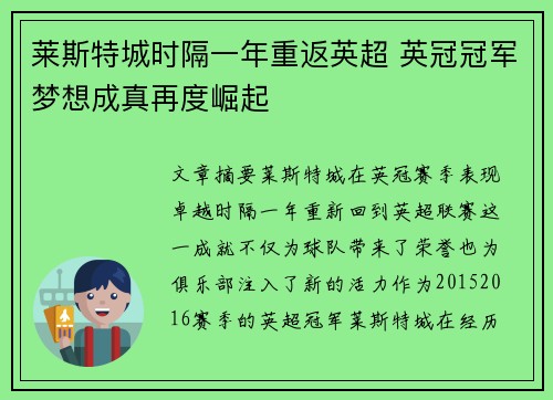 莱斯特城时隔一年重返英超 英冠冠军梦想成真再度崛起